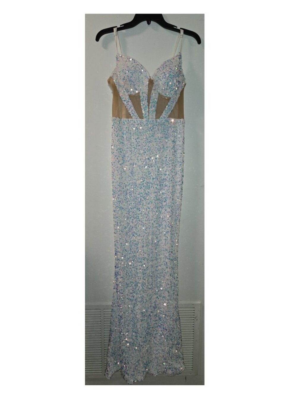 White Iridescent Sequin Formal Gown with Sheer Mesh Panels
